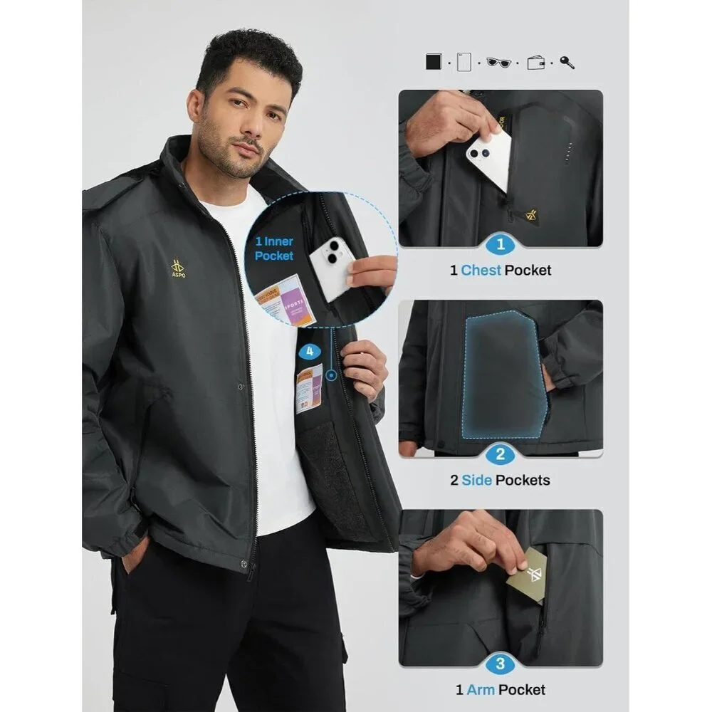 Men's Dark Grey Waterproof Winter Warm Snow Coat Fleece Lined Hiking Ski Jacket
